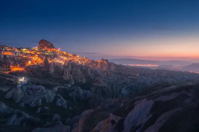 Framed Print : Uchisar castle with morning twilight Framed Print : Uchisar castle with morning twilight