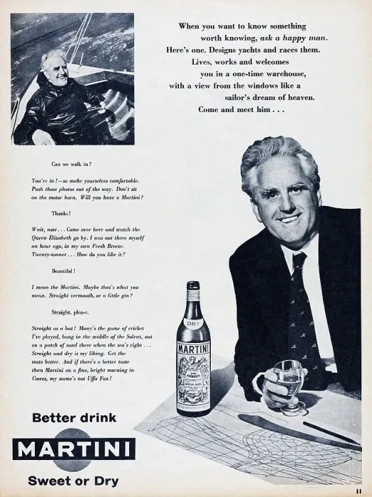 Framed Print : Uffa Fox. 1956: Advertisement for Martini vermouth featuring English boat Framed Print : Uffa Fox. 1956: Advertisement for Martini vermouth featuring English boat