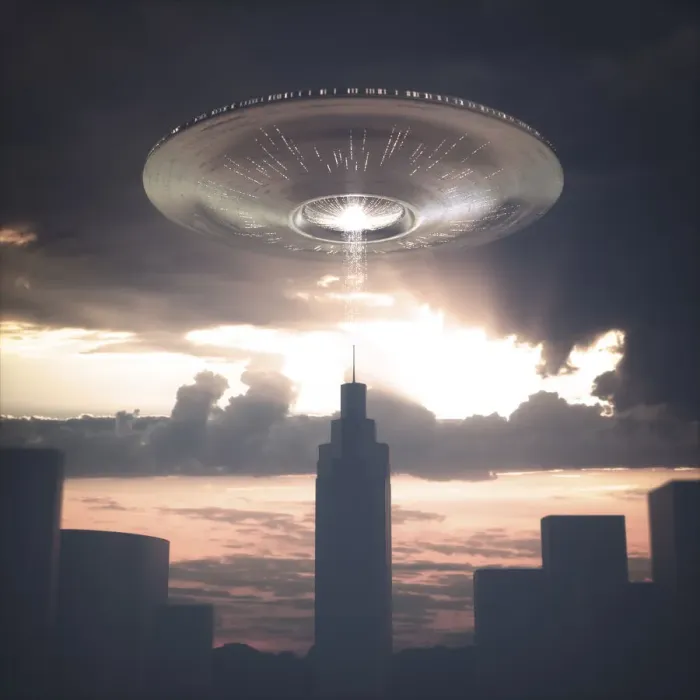 Framed Print : UFO above skyscraper, illustration Framed Print : UFO above skyscraper, illustration