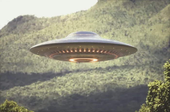 Framed Print : UFO above trees, composite image Framed Print : UFO above trees, composite image