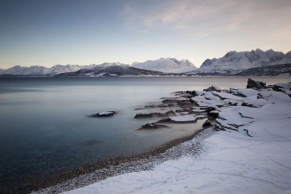 Ullsfjord near Oldervik in winter, Tromso, Norway, Europe