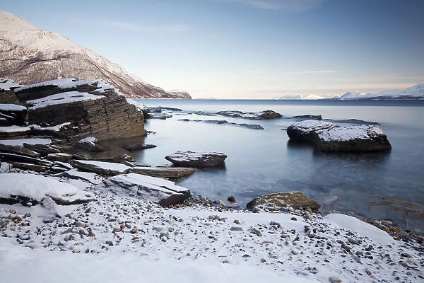 Ullsfjord near Oldervik in winter, Tromso, Norway, Europe