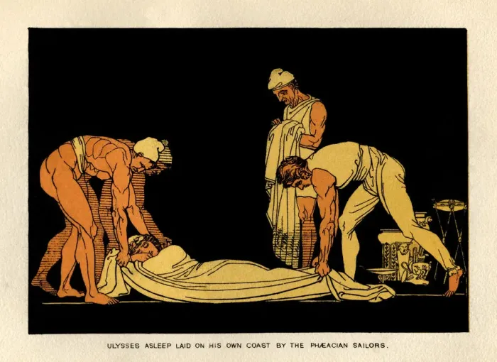Framed Print : Ulysses asleep and taken to Ithaca by Phaeacian sailors Framed Print : Ulysses asleep and taken to Ithaca by Phaeacian sailors