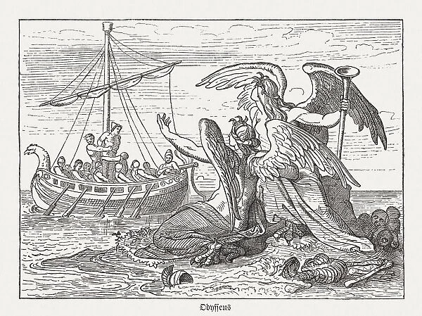 Ulysses and Sirens, Greek mythology, wood engraving, published in 1880