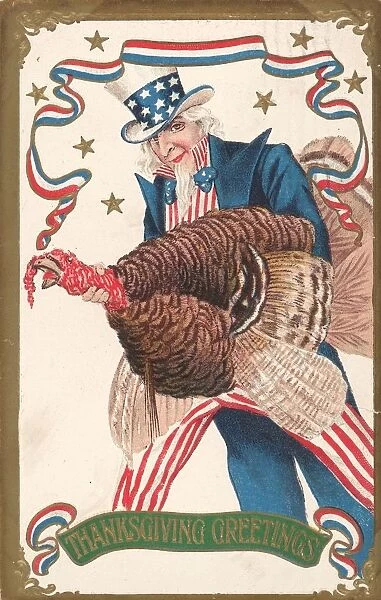 Uncle Sam. circa 1850: Uncle Sam holds a large live turkey in a postcard