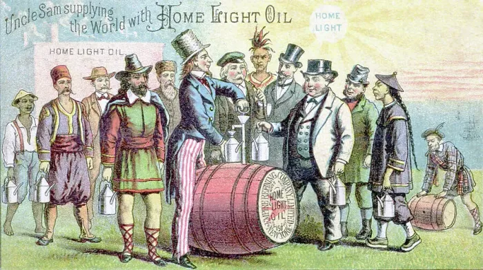 Framed Print : Uncle Sam Supplying the World With Home Light Oil Lithograph