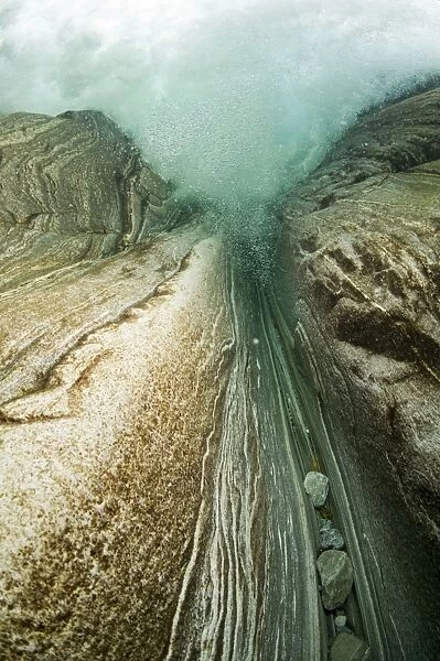 Underwater view of a waterfall in the Verzasca River, Lavertezzo, Valle Verzasca, Canton Ticino, Switzerland