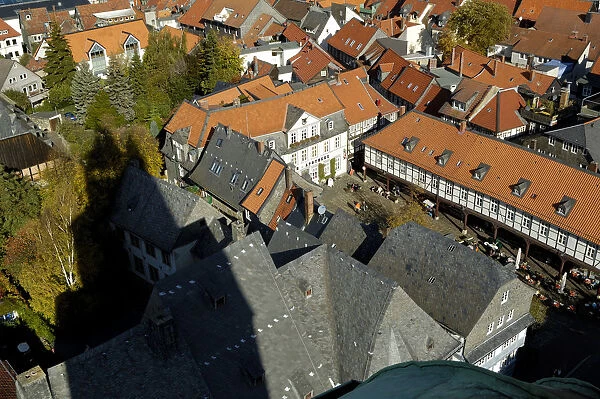 UNESCCO World Heritage Site view at Schuhhof picturesque old town from tower of Marktkirche Goslar Lower Saxony Germany