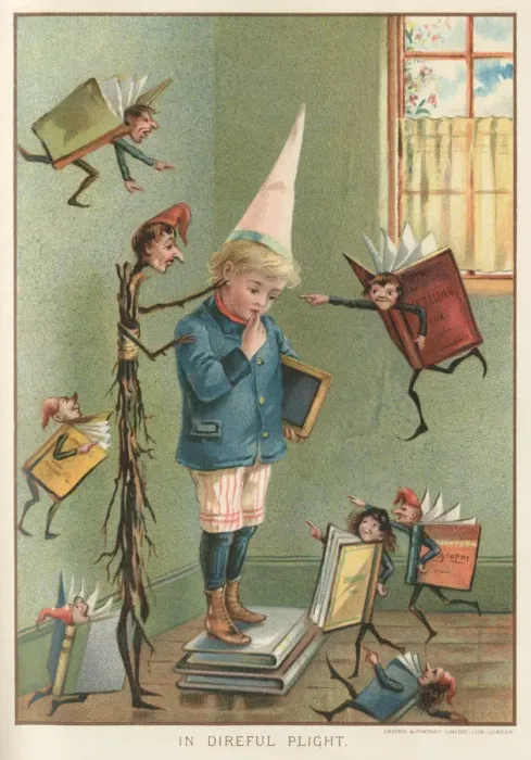 Framed Print : Unfortunate Victorian schoolboy being punished and bullied by his schoolbooks Framed Print : Unfortunate Victorian schoolboy being punished and bullied by his schoolbooks