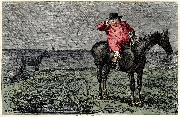 Unhappy Victorian huntsman lost in the rain