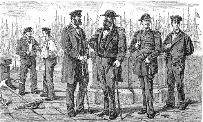 Framed Print : Uniforms of the German Navy (from left) Sailors, corvette captain in overcoat, admiral, lieutenant at sea, sea cadet, 1880, Germany, Historic, digitally restored reproduction of an original 19th century pattern, exact original date unknown Framed Print : Uniforms of the German Navy (from left) Sailors, corvette captain in overcoat, admiral, lieutenant at sea, sea cadet, 1880, Germany, Historic, digitally restored reproduction of an original 19th century pattern, exact original date unknown