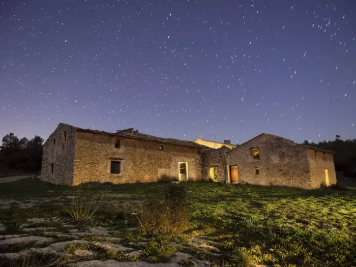 Framed Print : Uninhabited and derelict farmhouse blue night sky with stars Framed Print : Uninhabited and derelict farmhouse blue night sky with stars