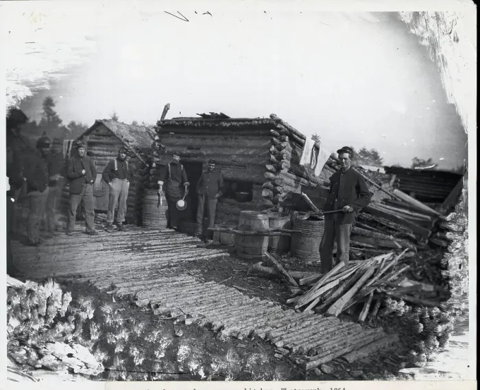 Framed Print : Union Soldiers Around Kitchen Cabin