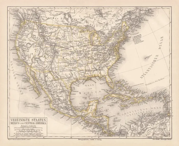 Framed Print : United States of America, Mexico and Central America, published in 1878