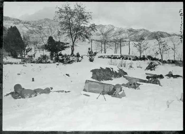 Framed Print : United States Troops Positioned in the Snow with Their Guns Framed Print : United States Troops Positioned in the Snow with Their Guns