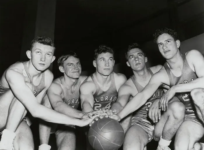 Framed Print : University of Colorado Basketball Teammates Posing with the Ball