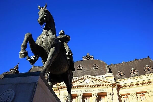 University Library with equestrian statue Carol I, Bucharest, Romania