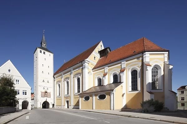 Unteres Tor gate, church of the Annunciation, Jesuit church, Mindelheim, Unterallgaeu district, Allgaeu region, Swabia, Bavaria, Germany, Europe