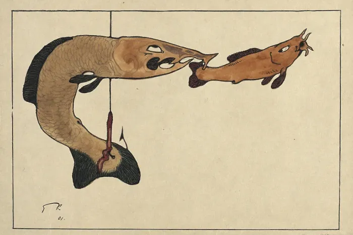 Framed Print : Untitled (Two fishes, one on a hook), 1901. Artist: Klee, Paul (1879-1940) Framed Print : Untitled (Two fishes, one on a hook), 1901. Artist: Klee, Paul (1879-1940)