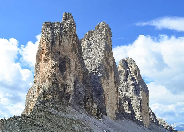 Unusual angle of the Drei Zinnen in South Tyrol, Italy