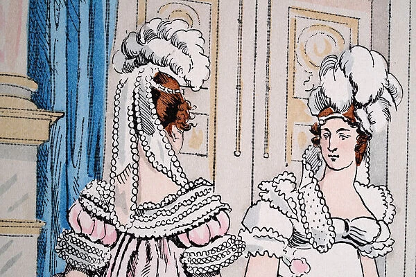 Upper class women wearing feather headdress, French Restoration, Paris, France