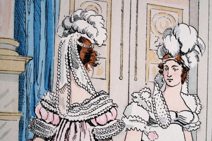 Framed Print : Upper class women wearing feather headdress, French Restoration, Paris, France Framed Print : Upper class women wearing feather headdress, French Restoration, Paris, France