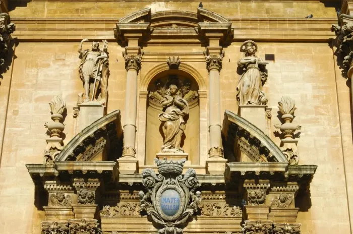 Framed Print : Detail of the upper part of the portal Cathedral San Giovanni Ragusa Italy