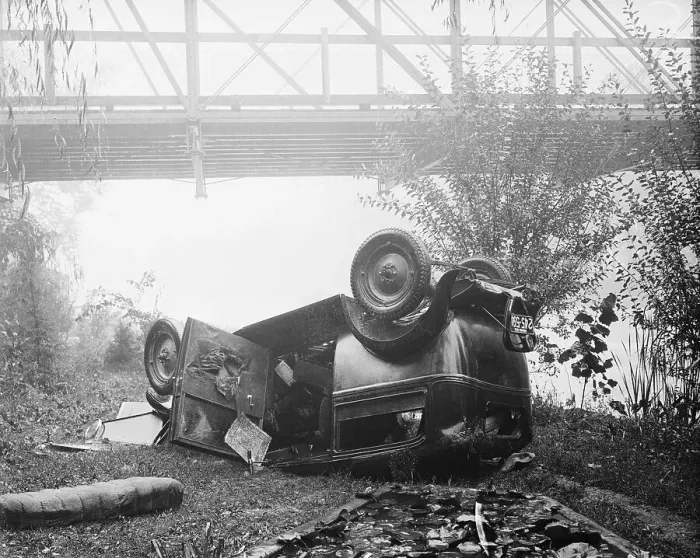 Framed Print : Upturned Automobile on Side of Bridge Framed Print : Upturned Automobile on Side of Bridge