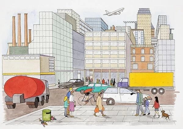 Urban scene depicting busy littered streets full of vehicles and pedestrians running between tightly packed high-rise buildings, aeroplane taking off and industrial chimneys in the distance, side view