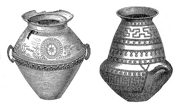 Urns, digitally restored reproduction of a 19th century original, exact original date unknown, on the left a bronze urn, a grave find from the South Germanic Iron Age, on the right a bone urn from Sittanova, Cittanova in Calabria, Italy