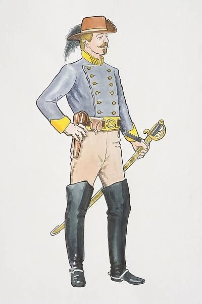 US, American Civil War cavalry captain holding sword, side view