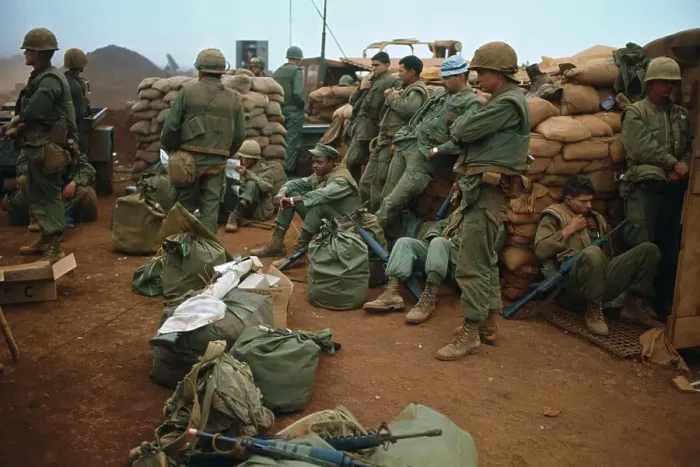 Framed Print : U.S. Marines Standing in Sandbag Fort Framed Print : U.S. Marines Standing in Sandbag Fort