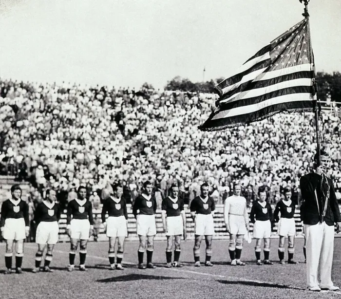 Framed Print : U.S. Soccer Team Standing Behind Flag Framed Print : U.S. Soccer Team Standing Behind Flag