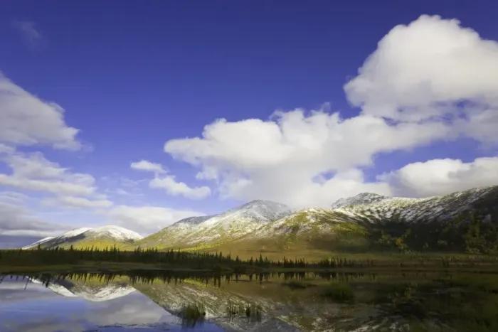 Framed Print : USA, Alaska, cumulus clouds over Brooks Range and tundra pond Framed Print : USA, Alaska, cumulus clouds over Brooks Range and tundra pond