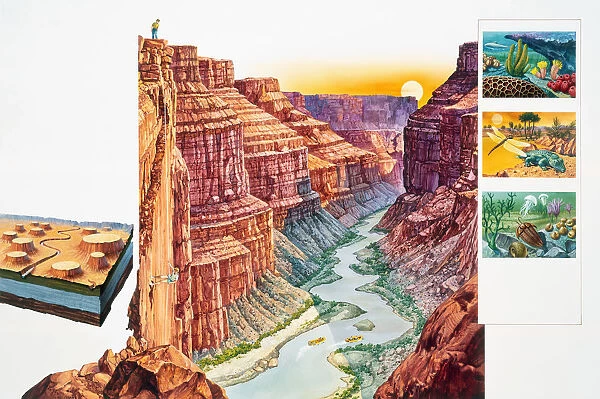 USA, Arizona, Grand Canyon, steep-sided gorge, eroded by Colorado River, cross-section and illustrative insets