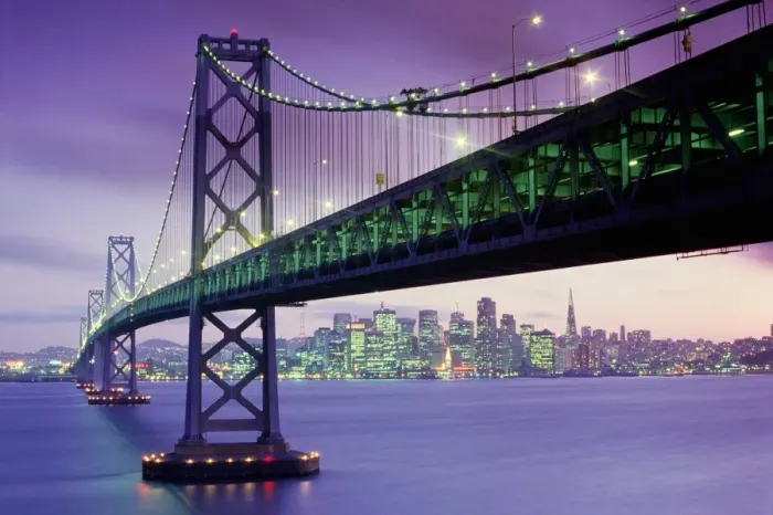Framed Print : USA, California, San Francisco, Oakland Bay Bridge illuminated at dusk Framed Print : USA, California, San Francisco, Oakland Bay Bridge illuminated at dusk