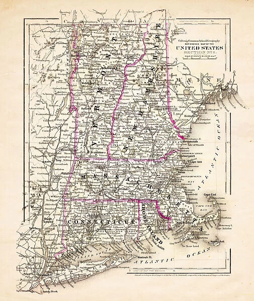 USA map Vermont, Connecticut 1881