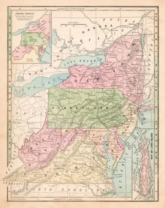 Framed Print : USA middle states map 1875
