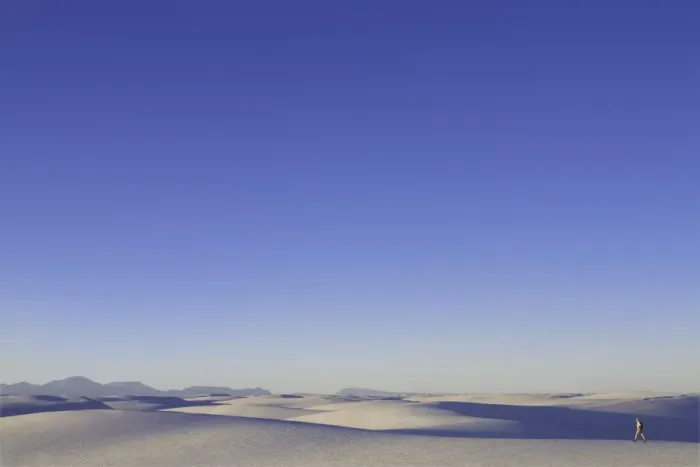 Framed Print : USA, New Mexico, White Sands National Monument, hiker on dunes, sunset Framed Print : USA, New Mexico, White Sands National Monument, hiker on dunes, sunset