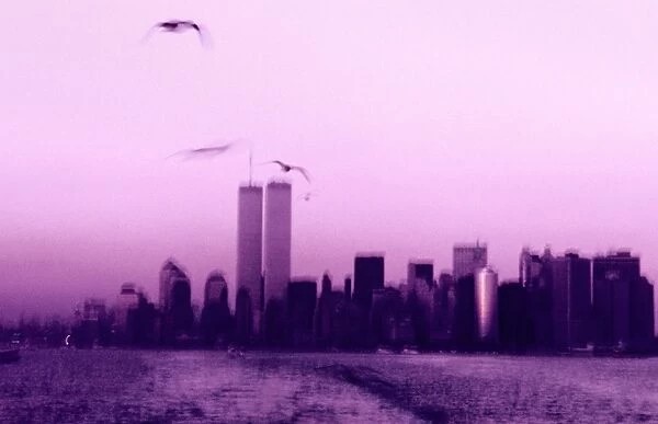 USA, New York City, Manhattan skyline (blurred motion, toned B&W)