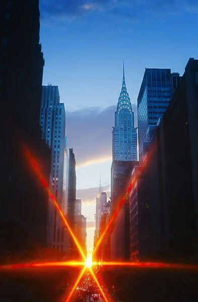 USA, New York, New York City, Chrysler Building and street at sunset