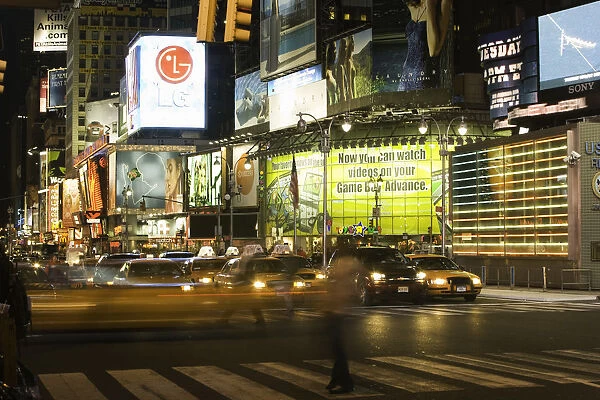 USA, New York, New York City, street scene, night (blurred motion)