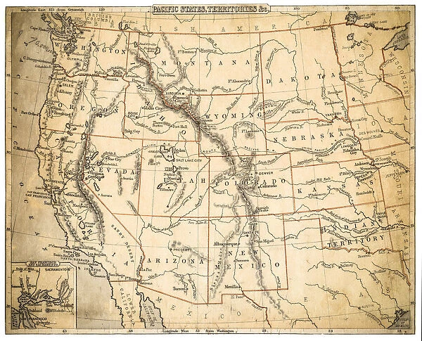 USA Pacidic States map of 1869