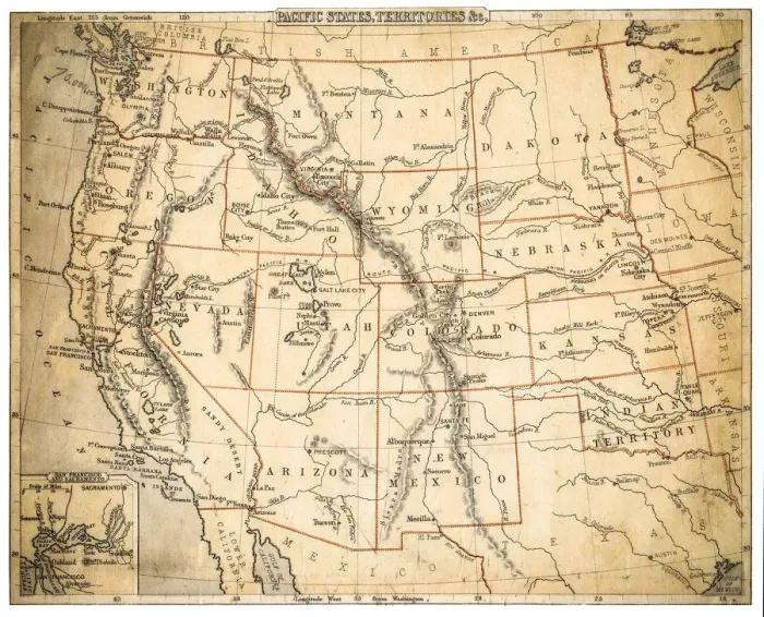 Framed Print : USA Pacidic States map of 1869