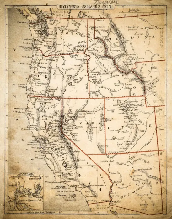 Framed Print : USA Pacific States map of 1869 Framed Print : USA Pacific States map of 1869
