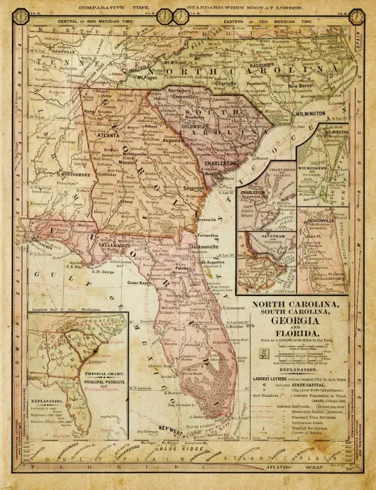 Framed Print : usa - southern states 1884 Framed Print : usa - southern states 1884