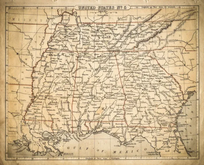 Framed Print : USA Southern States map of 1869 Framed Print : USA Southern States map of 1869