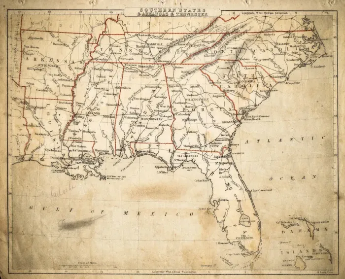 Framed Print : USA Southern States map of 1869 Framed Print : USA Southern States map of 1869