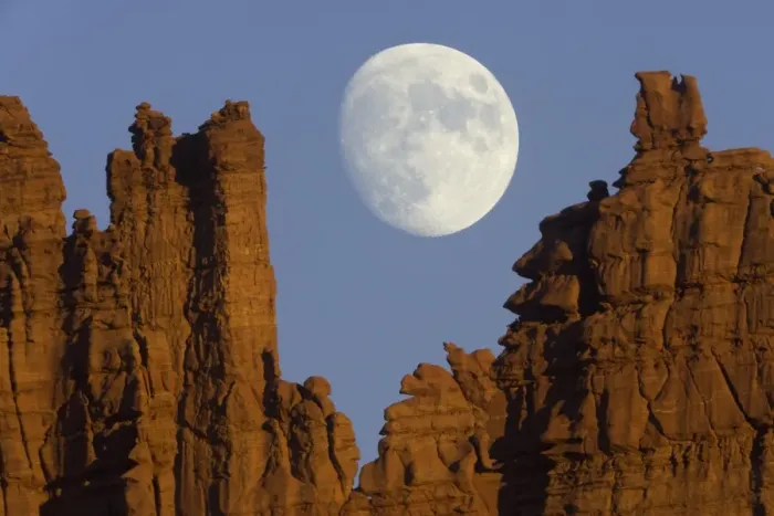 Framed Print : USA, Utah, Fisher Towers, moon behind Moenkopi and Cutler formations Framed Print : USA, Utah, Fisher Towers, moon behind Moenkopi and Cutler formations