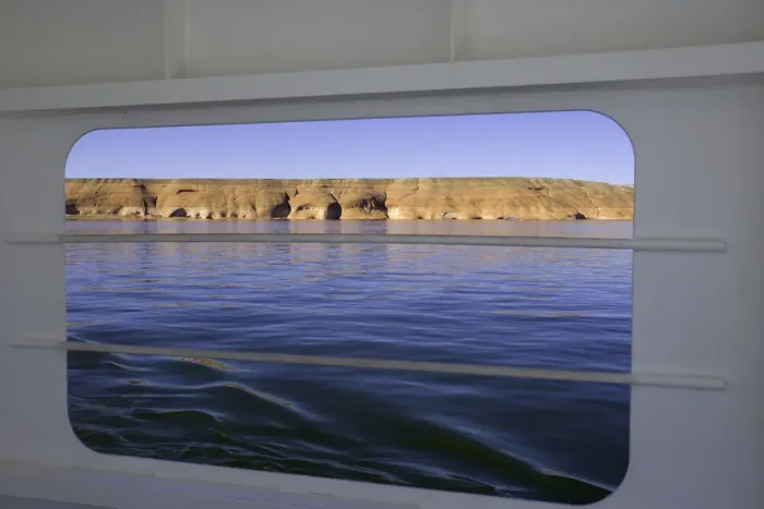 Framed Print : USA, Utah, Lake Powell and sandstone bluffs, view from ferry window Framed Print : USA, Utah, Lake Powell and sandstone bluffs, view from ferry window
